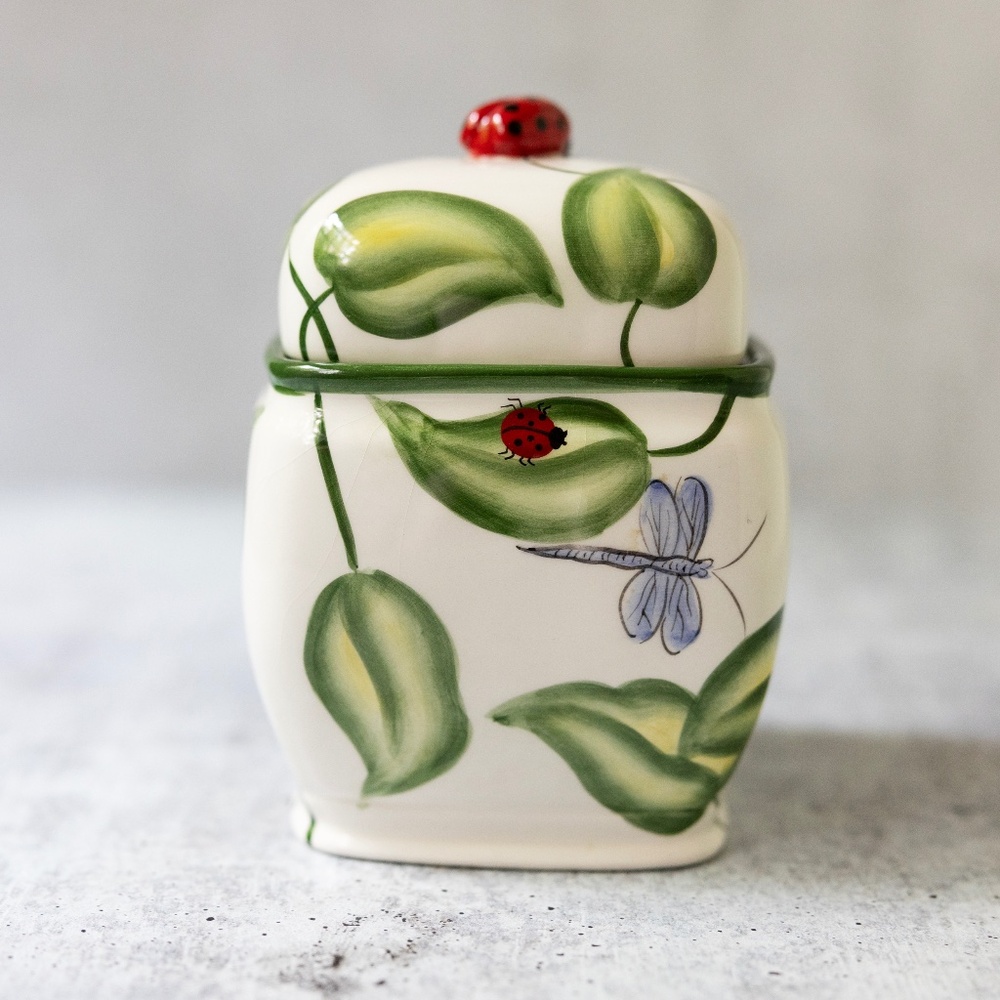 Harry and David Ceramic Preserve Jar Garden Party Ladybug/Leaves/Dragonfly/Bee
